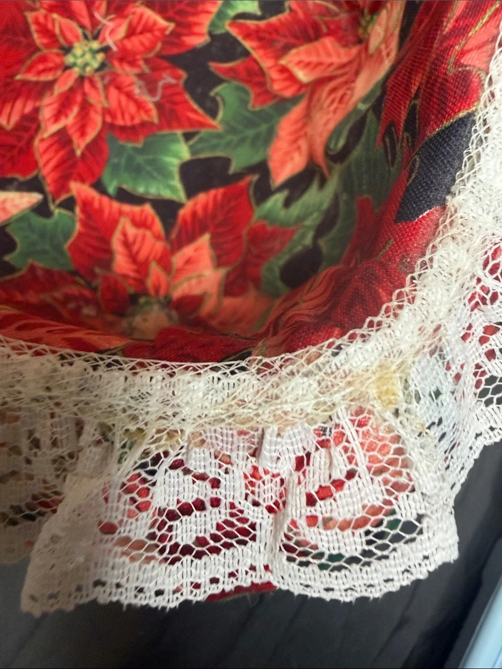Handcrafted from my daughter Poinsettia Fabric Basket with Lace and Red Ribbon